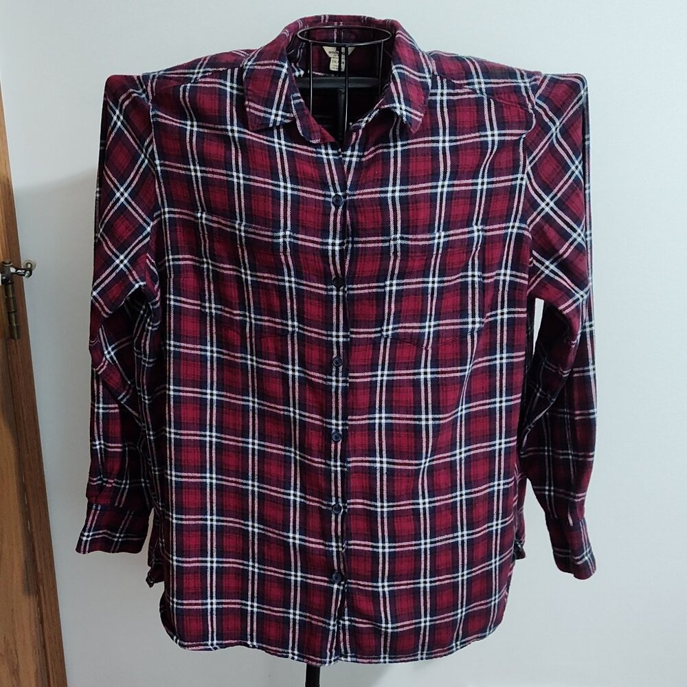 Woolrich burgundy-red/navy-blue/white plaid flannel shirt, EUC, size XXL